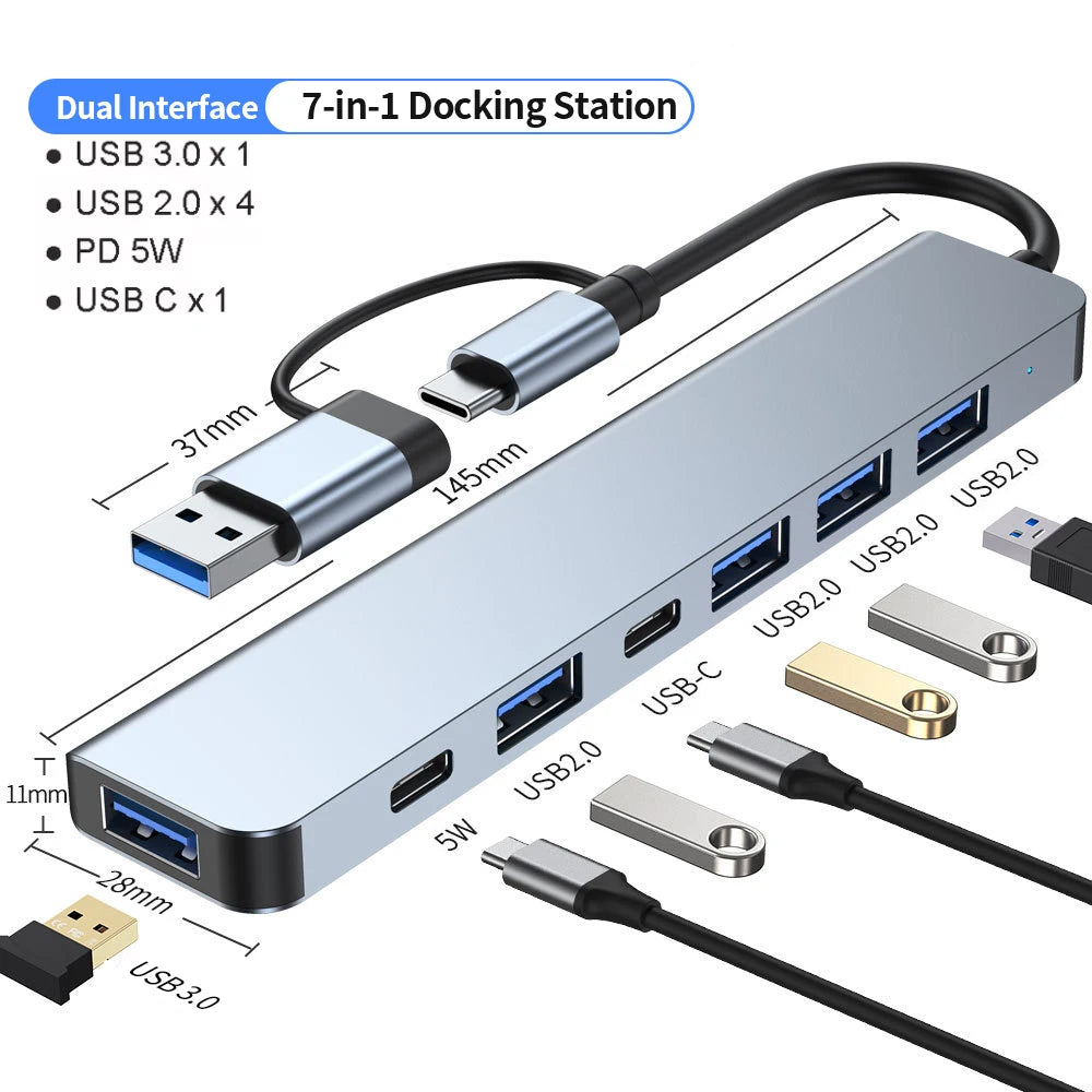 Hub USB C Hub USB 3.0, extension USB 7 en 1 en aluminium, répartiteur USB avec USB 3.0, 4 X USB 2.0 et 2 ports USB C Distributeur USB