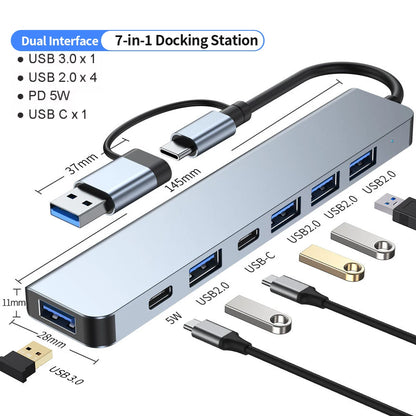 Hub USB C Hub USB 3.0, extension USB 7 en 1 en aluminium, répartiteur USB avec USB 3.0, 4 X USB 2.0 et 2 ports USB C Distributeur USB