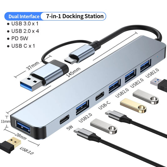 Hub USB C Hub USB 3.0, extension USB 7 en 1 en aluminium, répartiteur USB avec USB 3.0, 4 X USB 2.0 et 2 ports USB C Distributeur USB