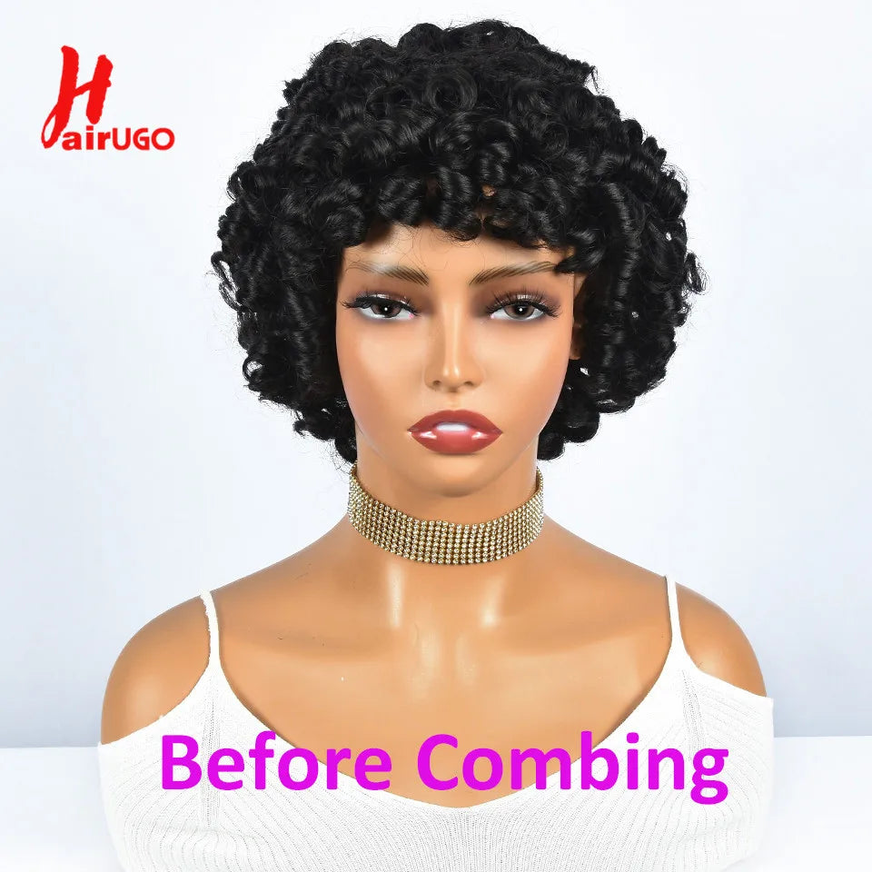 Hairugo-Perruque de Cheveux Humains Bouclés Coupe Pixie à Reflets, Sans Colle, avec Frange Entièrement Fabriquée à la Machine