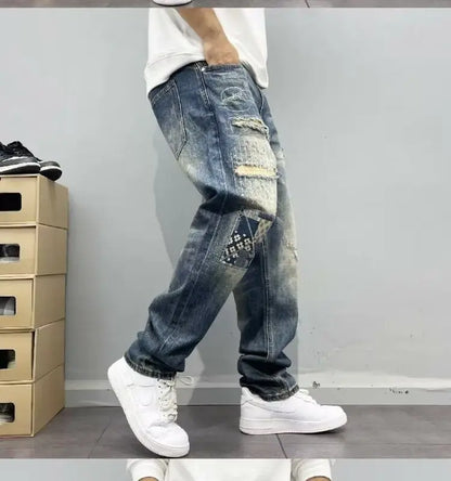 Jean Baggy Vintage en détresse Patchwork jean homme droit ample haute rue Hip-hop pantalons longs vêtements pour hommes jean pour homme