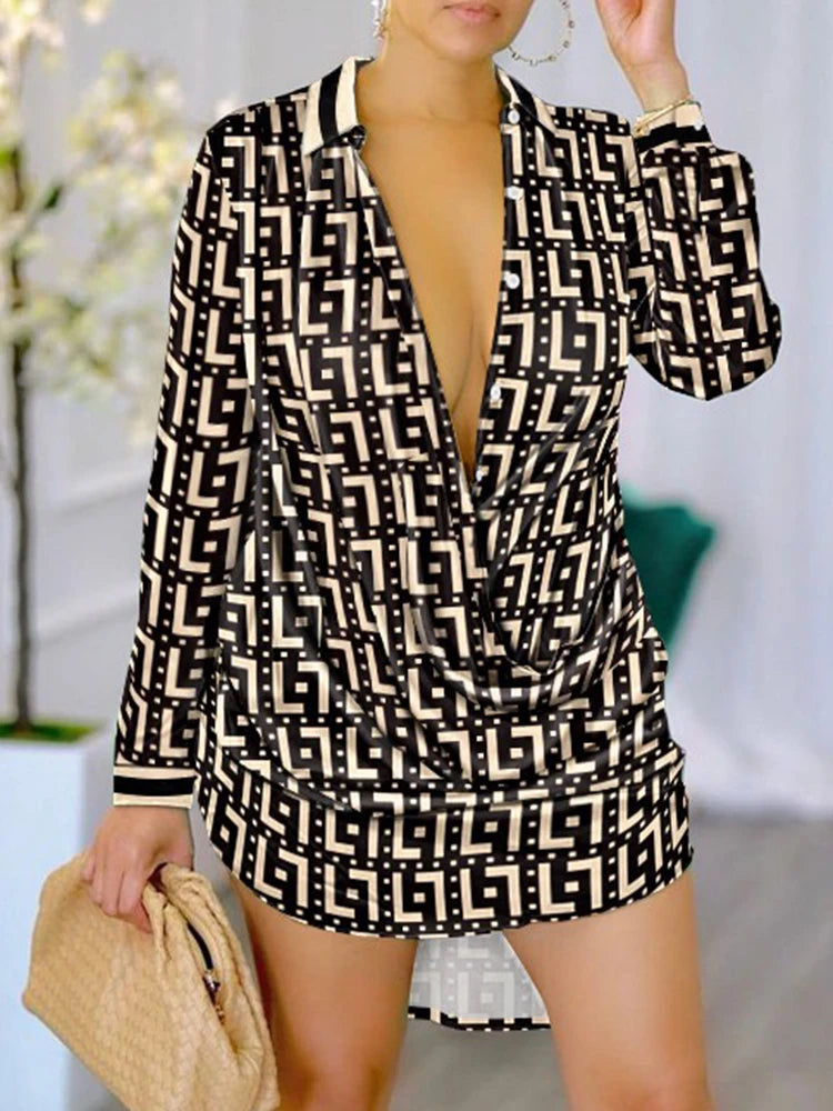 Printemps automne mode lettre imprimer à manches longues chemise Robe Robe femmes col rabattu boutons avant robes décontractées femme 2024