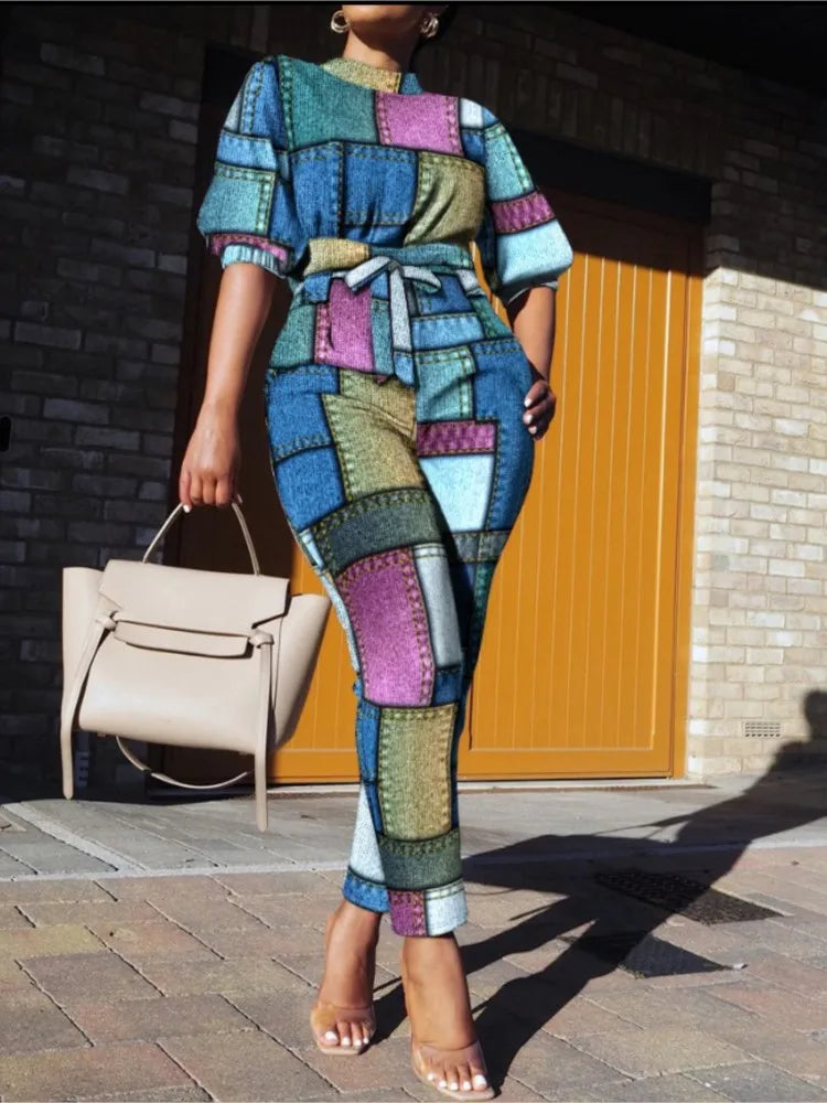 ChimStreet-Ensemble de pantalons décontractés pour femmes, manches ChimSeven, imprimé à la mode, taille à lacets, vêtements de printemps et d'automne, nouveau