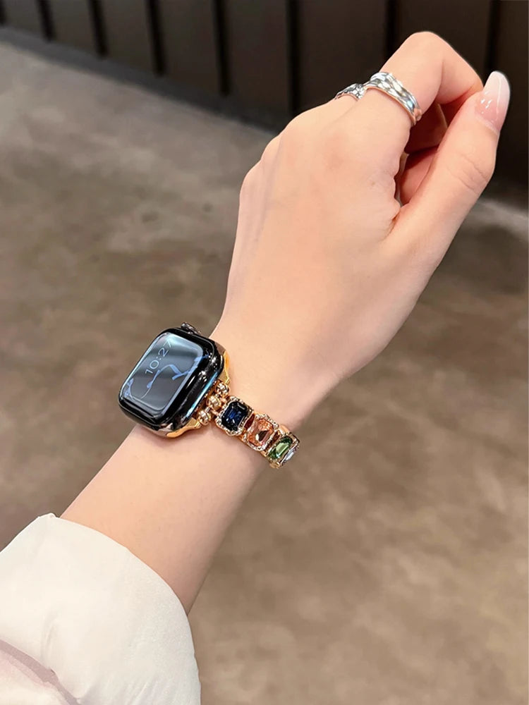 Bande de diamant élastique pour iWatch Ultra 10 9 8 7 6 5 Se 4, bracelet en métal pour femme Apple Watch 38mm 40mm 41mm 42mm 45mm 46mm 49mm