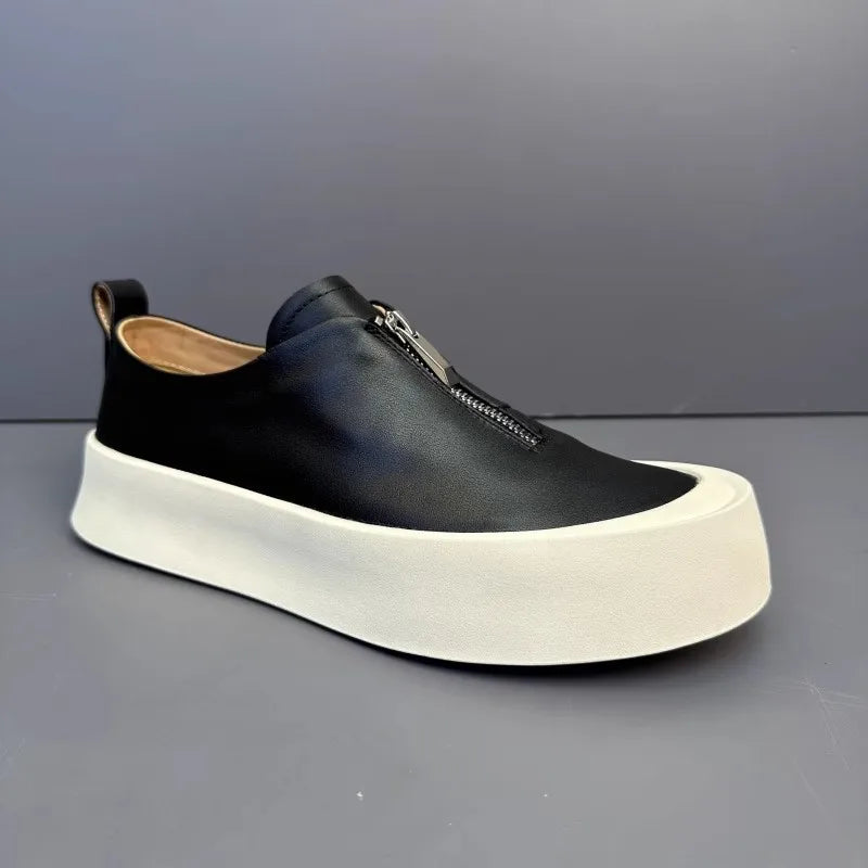 Mocassins à fermeture éclair pour hommes, cuir de vachette véritable, chaussures décontractées, baskets d'extérieur vintage, chaussures de skateboard, plate-forme optique, mode