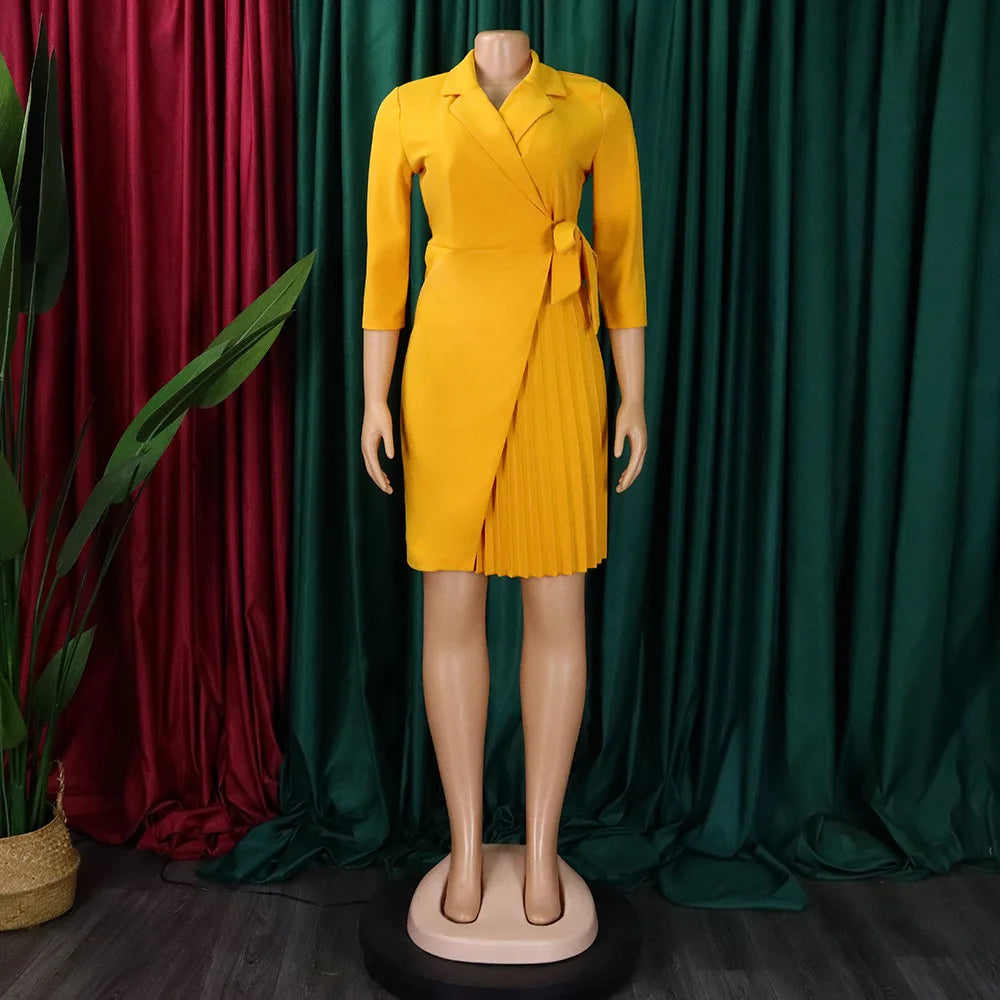 Robe plissée pour femmes, grande taille, col plissé, style blazer, bureau, vintage, sexy, ceinture, fête, serrée, courbée, courte