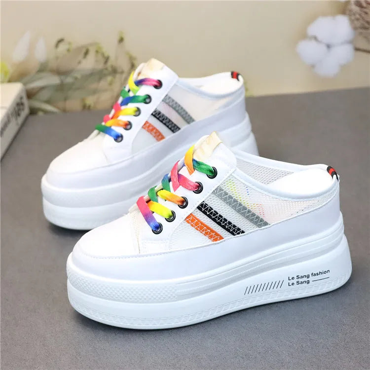 Pantoufles d'Été à Semelles Compensées pour Femmes, Chaussures Paresseuses en Maille Respirante pour Petits Pieds, Sandales à Plateforme Antidérapantes