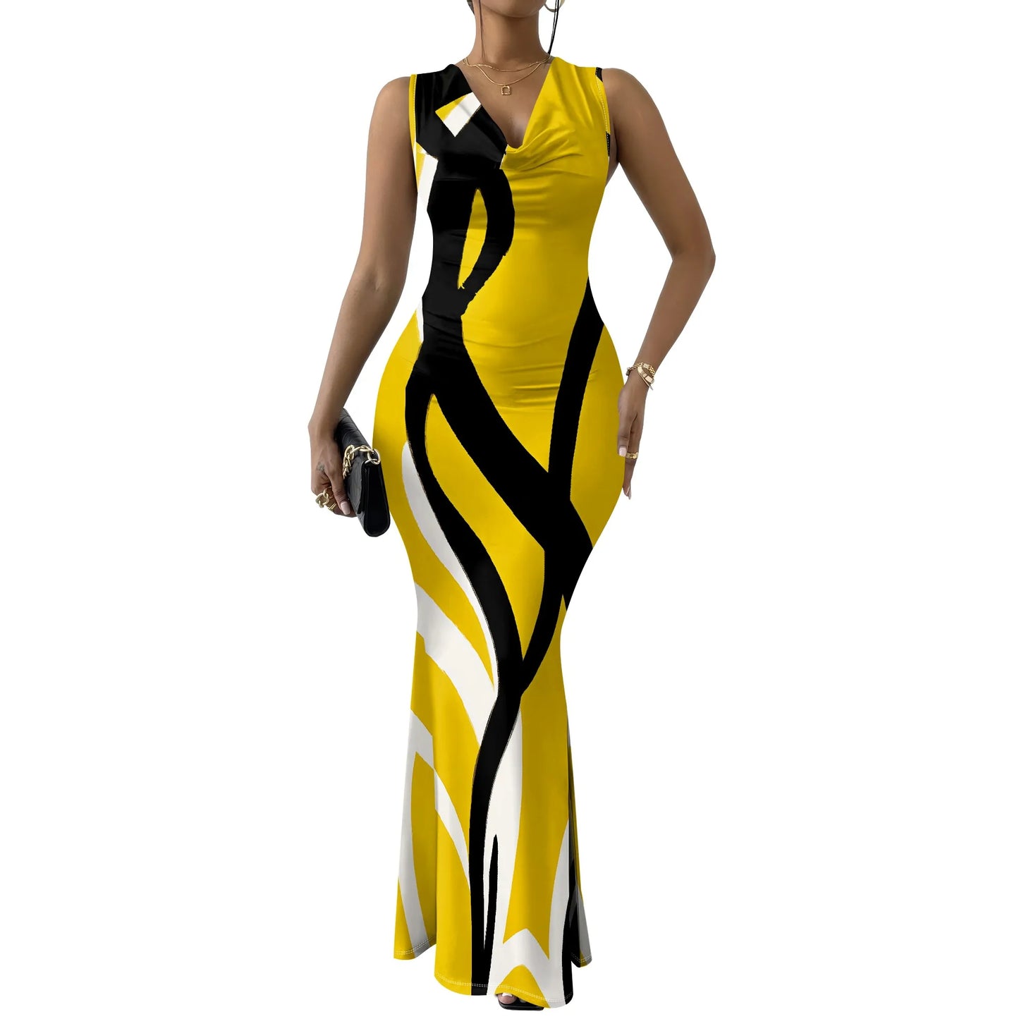 Robes d'invitées de mariage d'été pour femmes sirène élégante motif de rayures artistiques robe Maxi col en V sans manches robe de bal de soirée