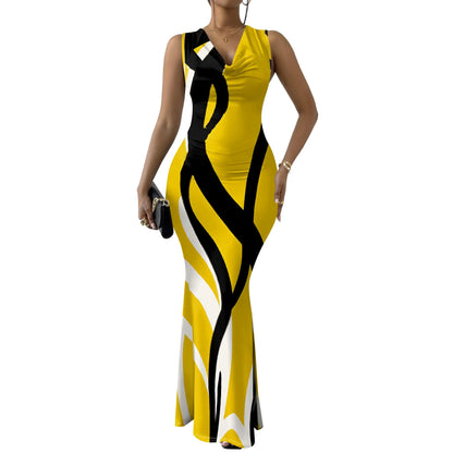 Robes d'invitées de mariage d'été pour femmes sirène élégante motif de rayures artistiques robe Maxi col en V sans manches robe de bal de soirée