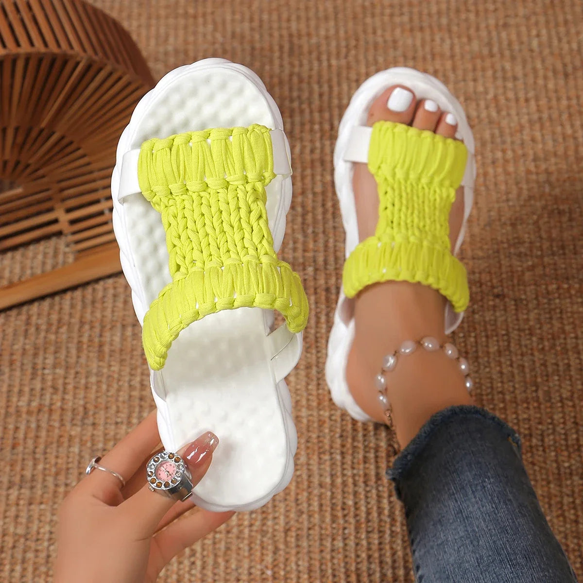 Pantoufles tressées à plateforme en tricot pour femmes, sandales gladiateur d'été, chaussures à talons optiques pour dames, pantoufles de plage décontractées, diapositives pour femmes