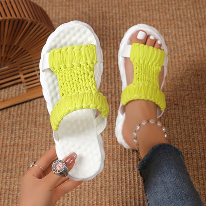 Pantoufles tressées à plateforme en tricot pour femmes, sandales gladiateur d'été, chaussures à talons optiques pour dames, pantoufles de plage décontractées, diapositives pour femmes