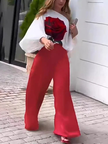 Ensemble deux pièces décontracté pour femmes, vêtements d'été pour femmes, T-shirt à manches lanternes et col incliné imprimé Rose, haut et pantalon à jambes larges, 2025