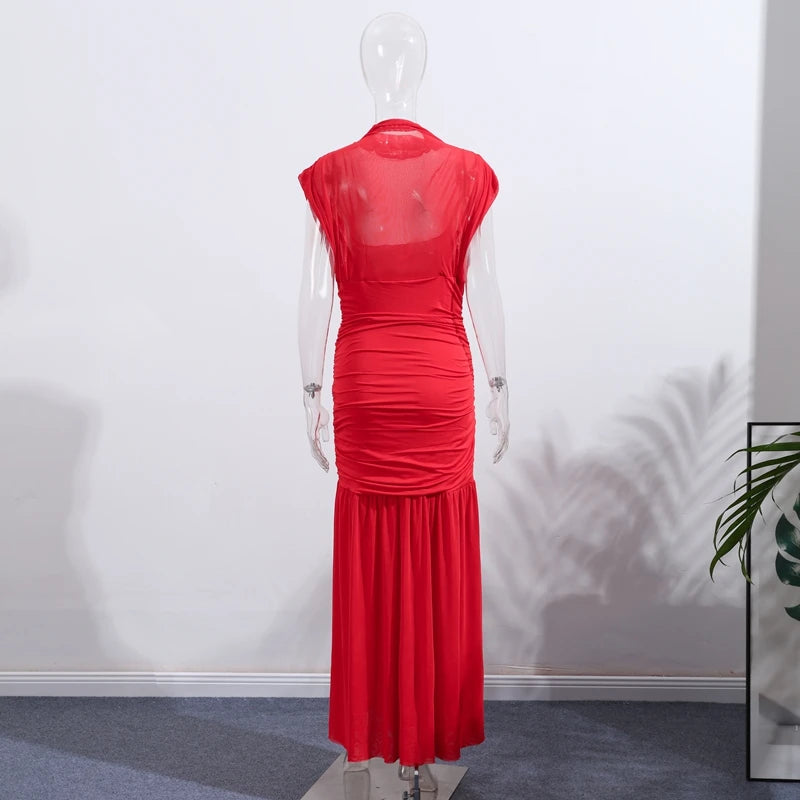 Robe longue de soirée plissée rouge Chic, élégante, manches volantes, maille, Patchwork, Maxi, vacances d'été, plage