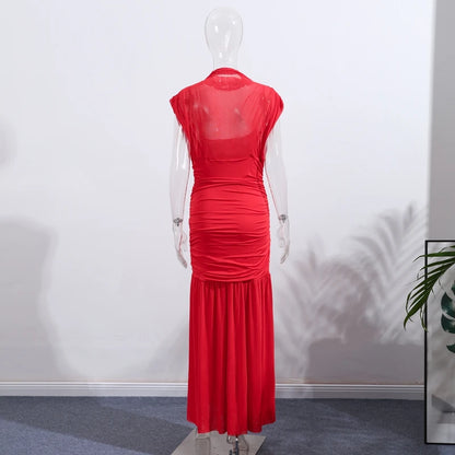 Robe longue de soirée plissée rouge Chic, élégante, manches volantes, maille, Patchwork, Maxi, vacances d'été, plage