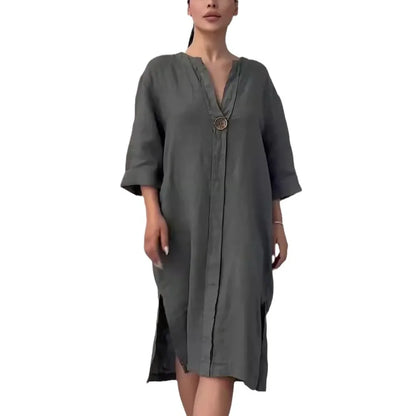 Robe longue décontractée en coton et lin pour femmes, couleur unie, col rond, boutons, nouvelle collection