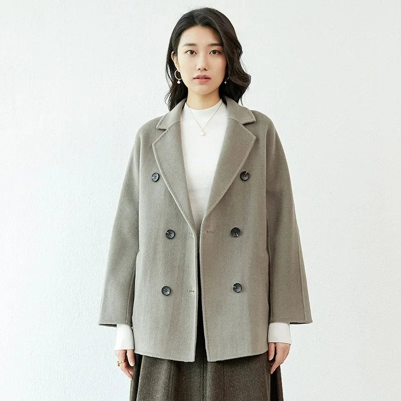 Manteau en laine Double face pour femme, épais, mi-long, col de costume, coupe ample, couleur Pure, polyvalent, nouveau Style automne hiver