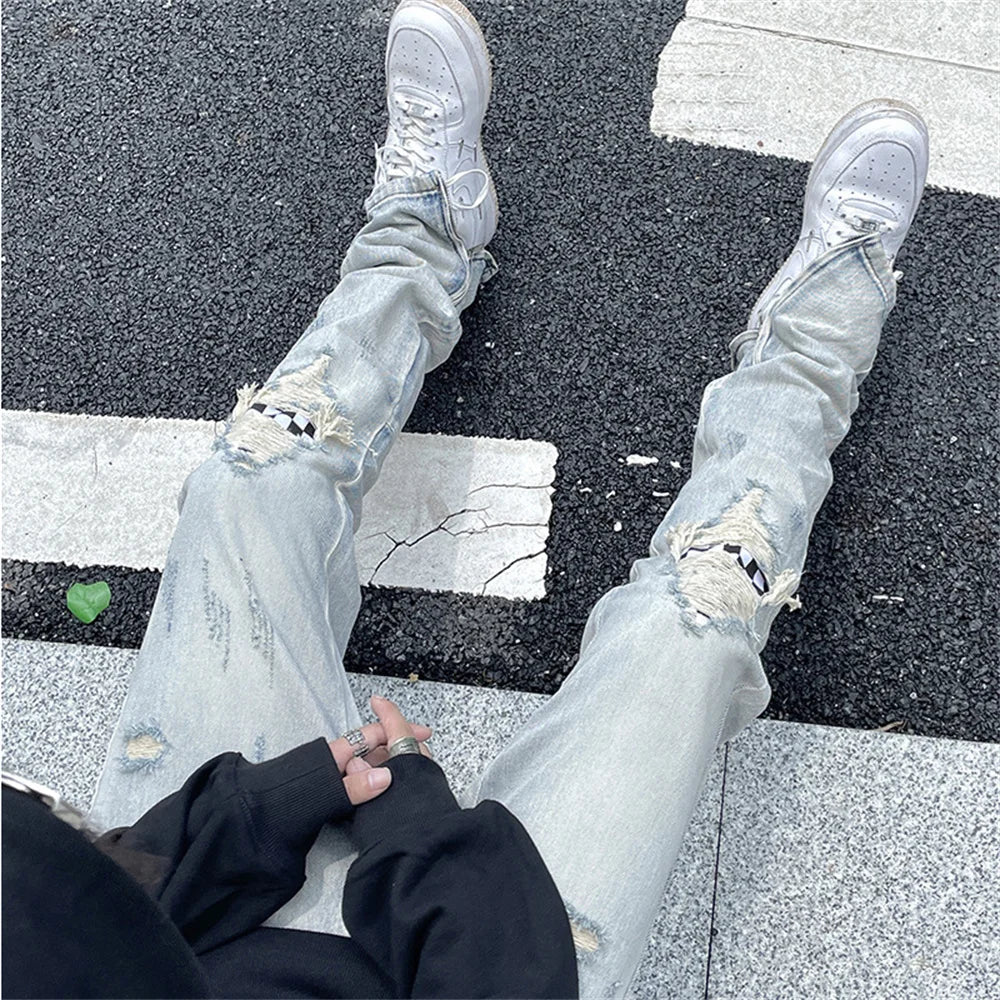 Jean à jambes larges pour homme et femme, streetwear, décontracté, déchiré, troué