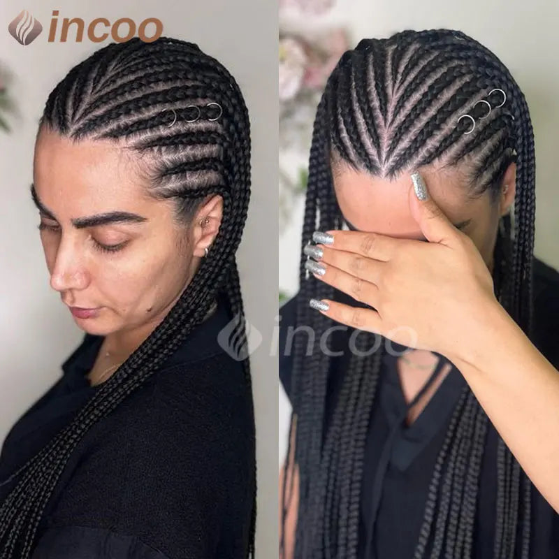 Perruque tressée synthétique Cornrow Box, perruques Full Lace Front, tresses tribales, perruque tressée Jgreeting Box, perruque tressée Faux Locs sans nœuds, 36 po