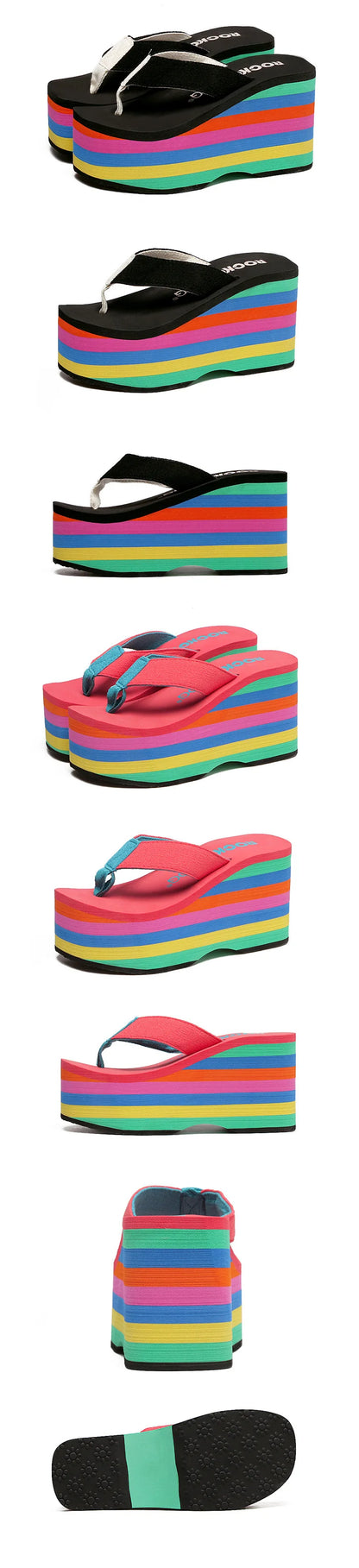 Tongs arc-en-ciel pour femmes, sandales de plage d'été, sangle givrée, pantoufles à talons compensés très hauts, pantoufles d'extérieur d'été