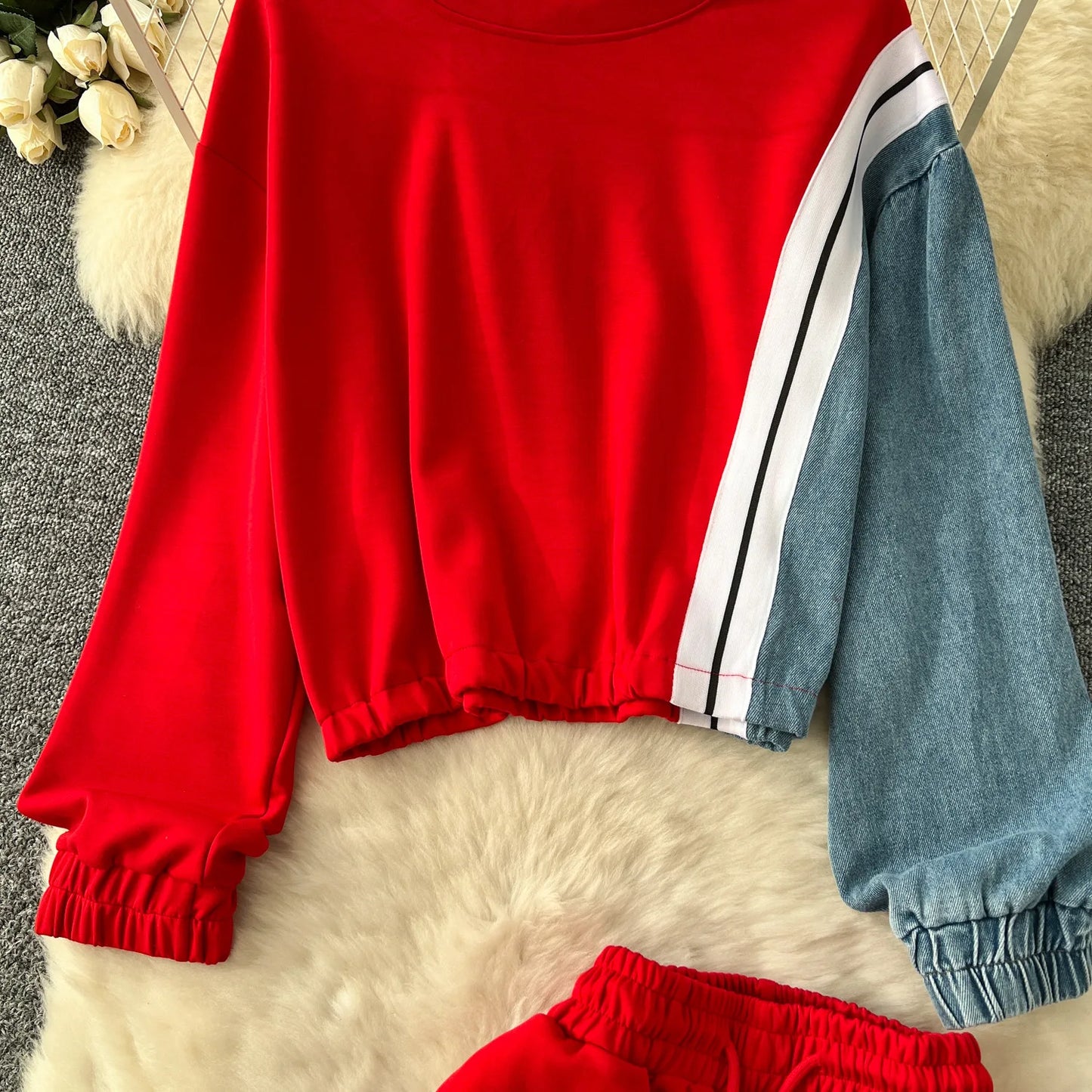 Ensemble pantalon deux pièces pour femmes, col rond, assorti, sweat-shirt, hauts, jambes larges, pantalons longs, décontracté, ample, taille élastique, Denim