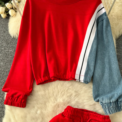 Ensemble pantalon deux pièces pour femmes, col rond, assorti, sweat-shirt, hauts, jambes larges, pantalons longs, décontracté, ample, taille élastique, Denim