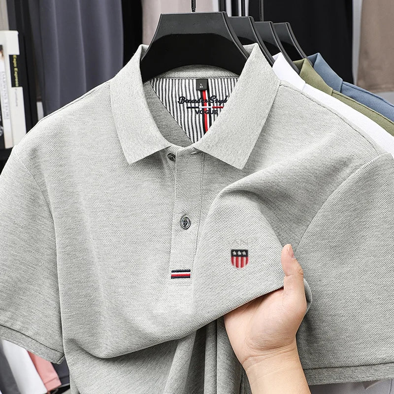 Polo d'été brodé de haute qualité pour hommes, chemise à manches courtes en pur coton respirant et décontracté pour affaires