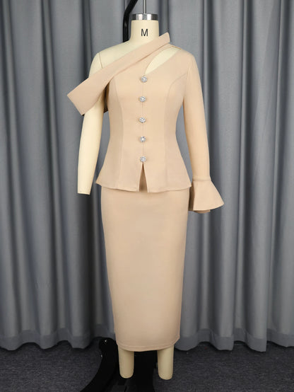 Ensemble deux pièces pour femmes, asymétrique épaule dénudée, haut asymétrique, jupe de hanche, mode élégante, Slim, robe de soirée, boîte de nuit