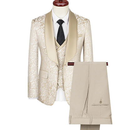 Costume vert 3 pièces pour hommes, veste de robe de soirée de mariage avec gilet et pantalon, ensembles Slim à la mode pour hommes, tissu Jacquard Beige, noir, bleu