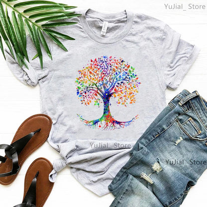 T-shirt imprimé arbre magique d'interconnexion pour femme, gris, vert, jaune, rose, noir, mode fille, été