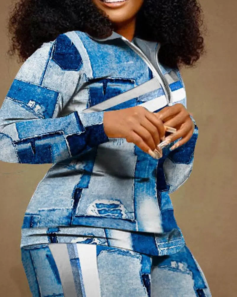 Ensemble de pantalons longs droits pour femmes, fermeture éclair imprimée, col montant, gaine, manches longues, décontracté, automne, hiver, 2024