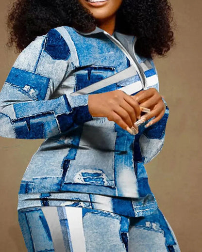 Ensemble de pantalons longs droits pour femmes, fermeture éclair imprimée, col montant, gaine, manches longues, décontracté, automne, hiver, 2024