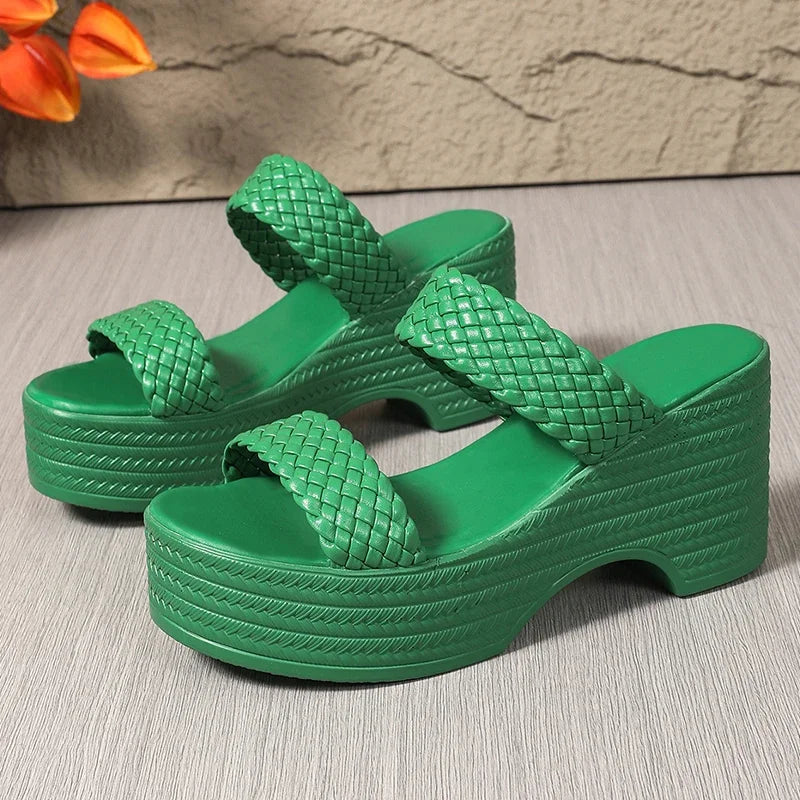 2025 vert talon compensé tissé sandales femmes grande taille grosse plate-forme pantoufles femme été semelle épaisse diapositives chaussures femme 42