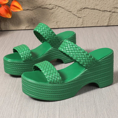 2025 vert talon compensé tissé sandales femmes grande taille grosse plate-forme pantoufles femme été semelle épaisse diapositives chaussures femme 42