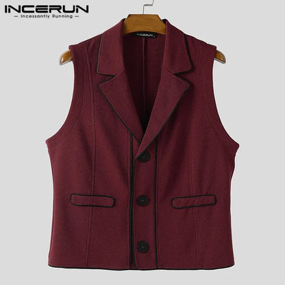 INCERUN hommes gilets Patchwork revers sans manches bouton décontracté hommes gilets couleur-bloc Streetwear 2025 mode gilets hommes S-5XL