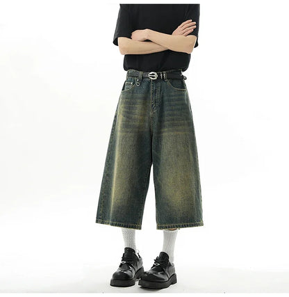 Short en Denim Baggy pour hommes, mode rétro décontractée, ample, jambes larges, longueur mollet, Streetwear Y2K, Style coréen