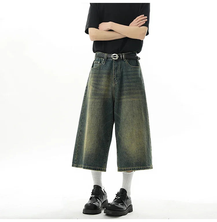 Short en Denim Baggy pour hommes, mode rétro décontractée, ample, jambes larges, longueur mollet, Streetwear Y2K, Style coréen