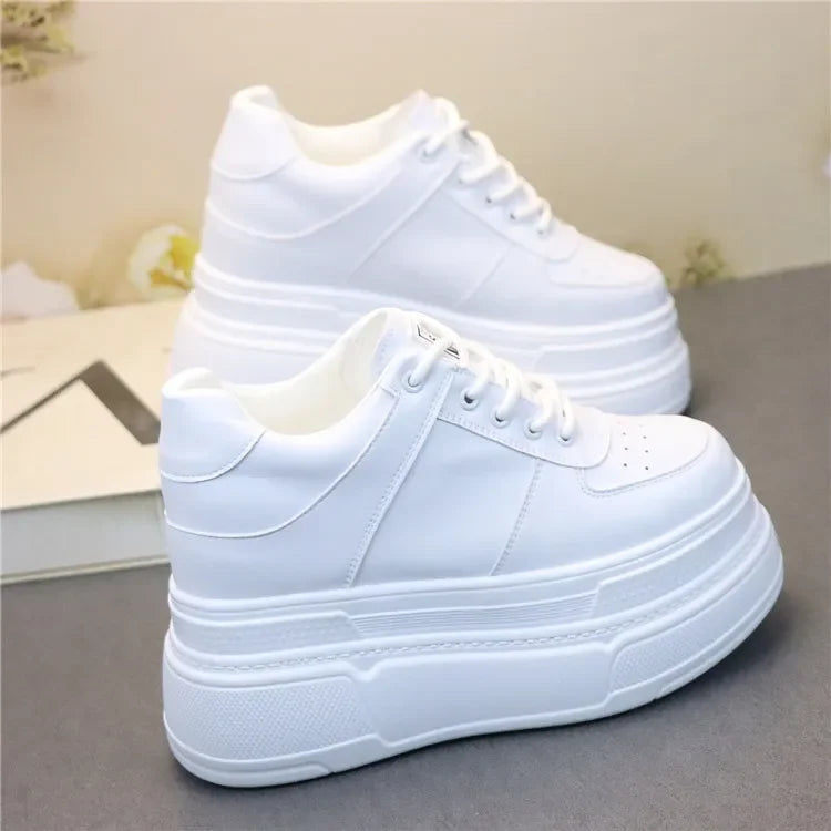 Baskets épaisses en cuir véritable pour femmes, talons hauts cachés blancs, chaussures à plateforme compensée, printemps, automne, été, 10cm, 12cm