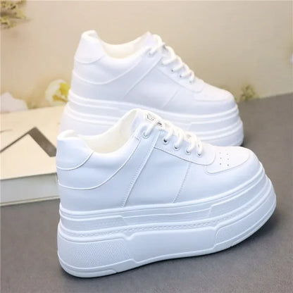 Baskets épaisses en cuir véritable pour femmes, talons hauts cachés blancs, chaussures à plateforme compensée, printemps, automne, été, 10cm, 12cm
