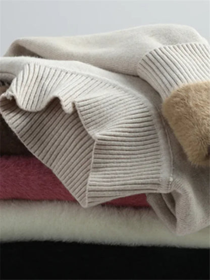 Pull Slim à Demi-Col Roulé pour Femme, Tricot Doublé de Velours, Chaud, Épais, en Jersey Doux, Collection Hiver