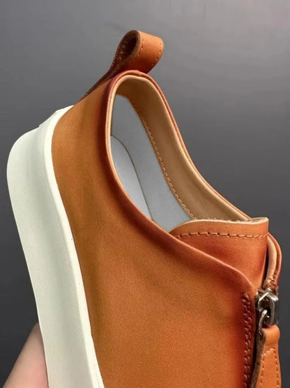 Mocassins à fermeture éclair pour hommes, cuir de vachette véritable, chaussures décontractées, baskets d'extérieur vintage, chaussures de skateboard, plate-forme optique, mode