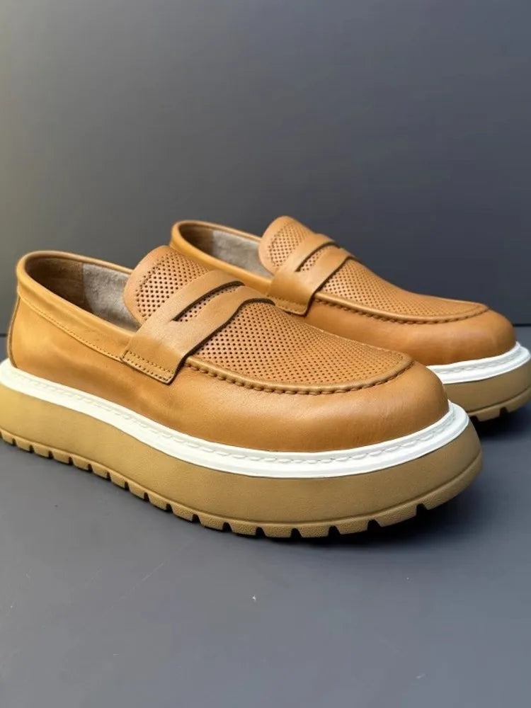 Mocassins en cuir de vachette à plateforme vintage pour hommes, chaussures en cuir véritable, respirant, évider, décontracté, conduite, affaires, été