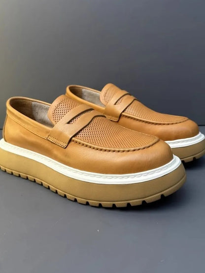 Mocassins en cuir de vachette à plateforme vintage pour hommes, chaussures en cuir véritable, respirant, évider, décontracté, conduite, affaires, été