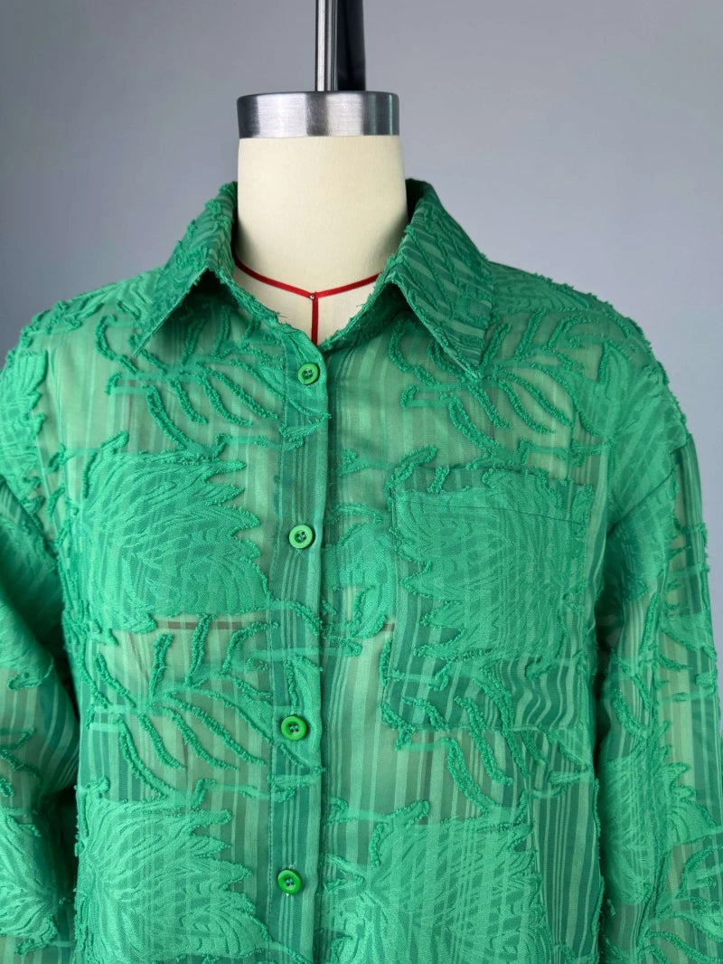 Ensemble élégant pour femmes, chemise à manches longues et pantalon droit à jambes larges, Perspective brodée, ensemble 2 pièces, survêtement, 2025 OL