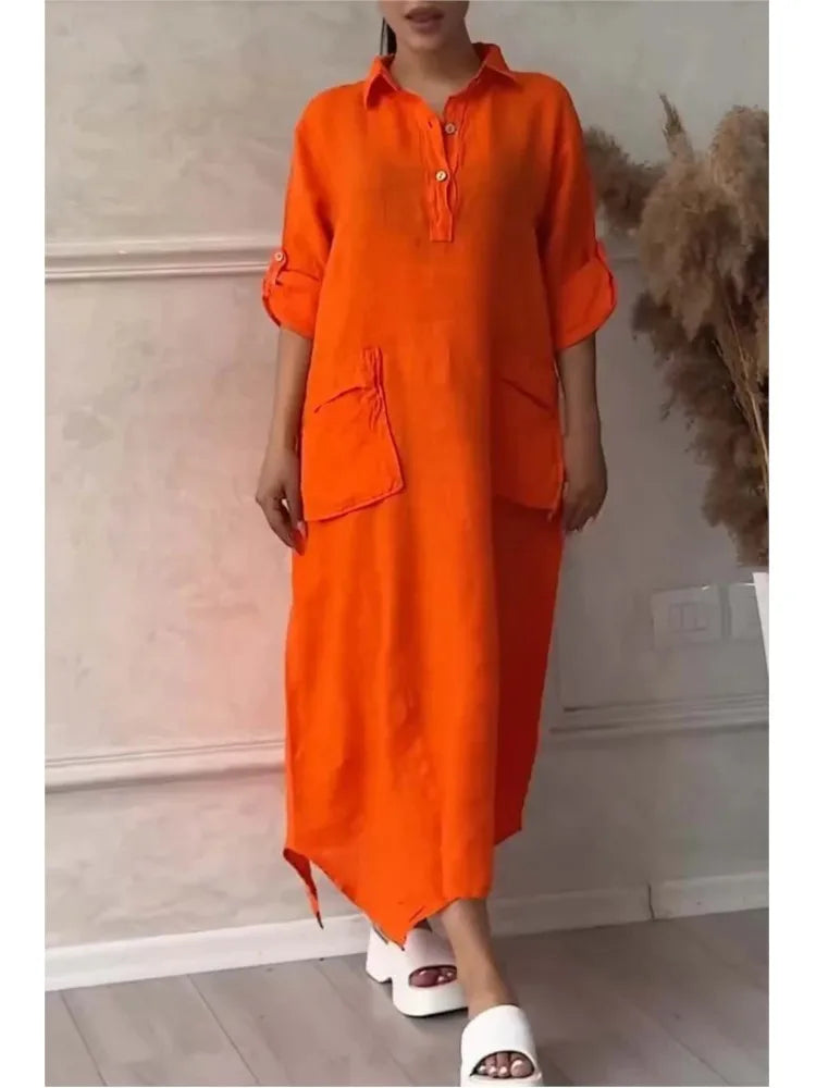 Robe longue en lin à manches longues pour femmes, robe maxi blanche avec poches, élégante, mode décontractée, été, 2024