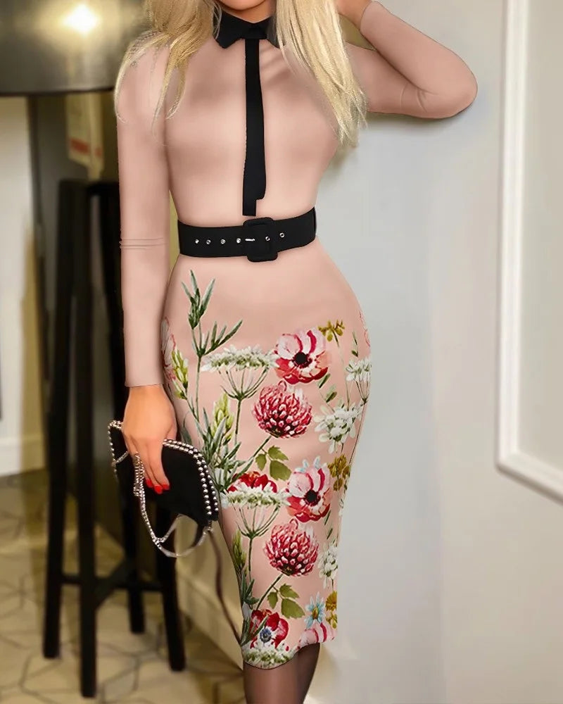 Robes moulantes élégantes à pois pour femmes, coupe en V, manches longues, taille haute, ceinture, bureau, robe de soirée à la mode