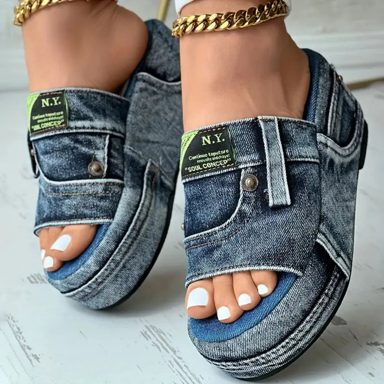 Plate-forme femmes pantoufles nouvel été élégant Denim sandales confortable sans lacet chaussures plage marche pantoufles diapositives décontractées femmes