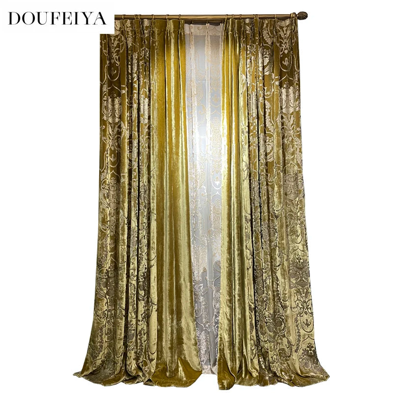 Rideaux occultants de luxe en feuille de velours de soie, estampage doré, pour salon, chambre à coucher, salle à manger, Nature, taille verticale personnalisée, Tulle blanc