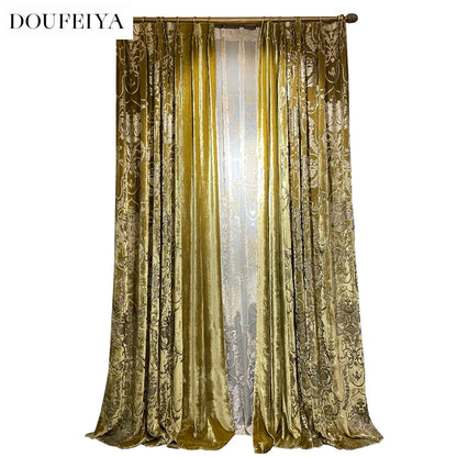 Rideaux occultants de luxe en feuille de velours de soie, estampage doré, pour salon, chambre à coucher, salle à manger, Nature, taille verticale personnalisée, Tulle blanc
