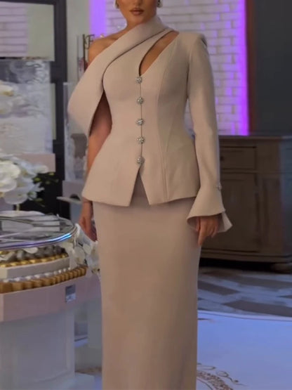 Ensemble deux pièces pour femmes, asymétrique épaule dénudée, haut asymétrique, jupe de hanche, mode élégante, Slim, robe de soirée, boîte de nuit