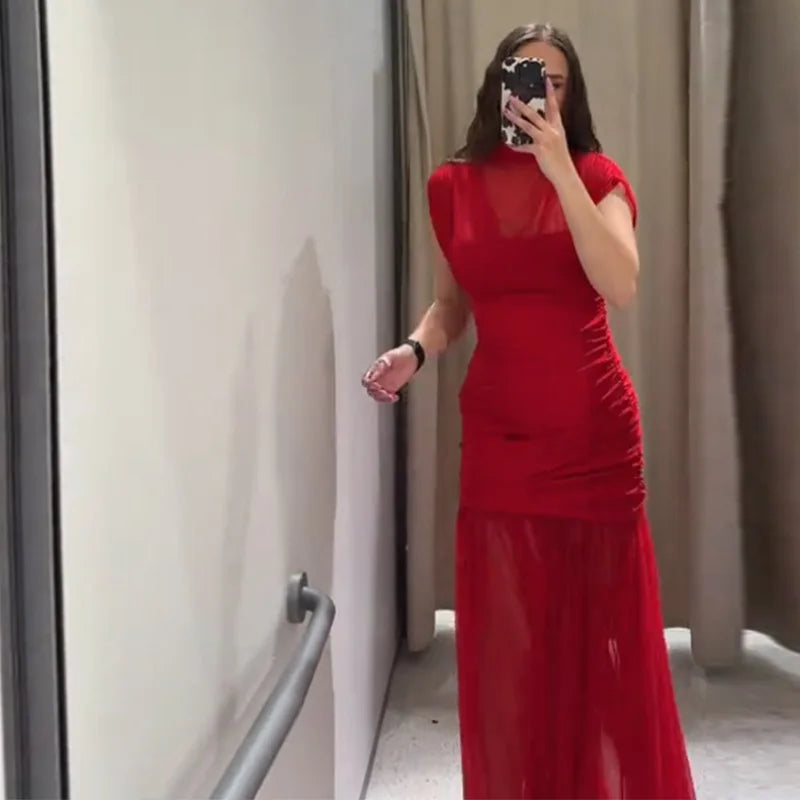 Robe longue de soirée plissée rouge Chic, élégante, manches volantes, maille, Patchwork, Maxi, vacances d'été, plage